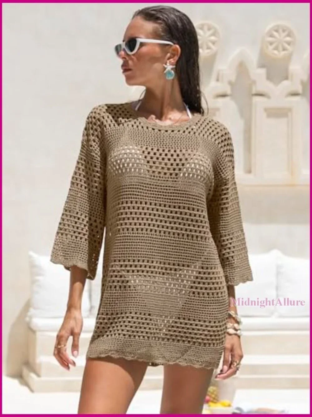 Loose Fit 3/4 Sleeve Crochet Cover Up Mini Dress Beach Vacation